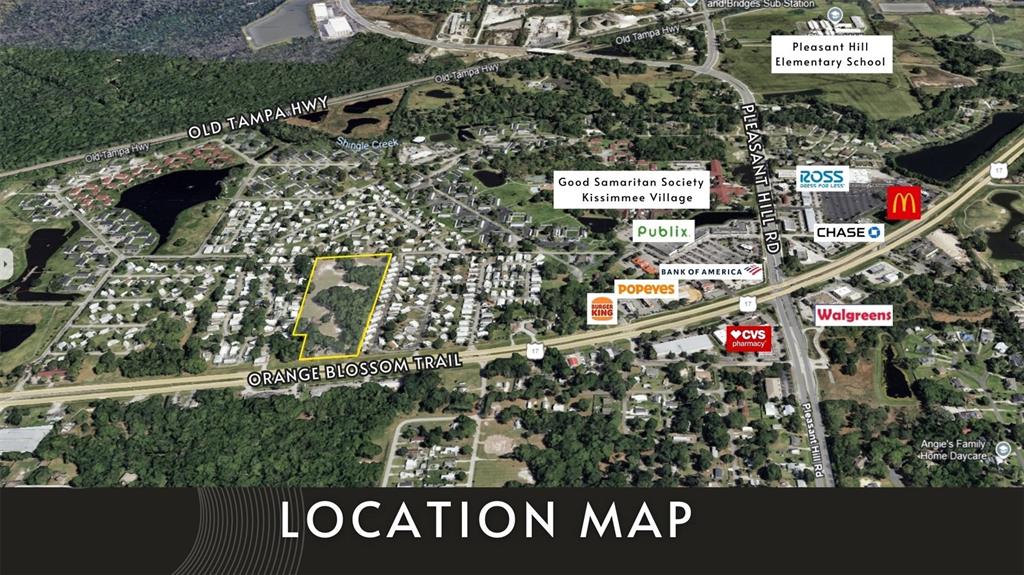 This is an aerial location map showing a highlighted property near commercial businesses and roads — 4011 S ORANGE BLOSSOM TRAIL, KISSIMMEE, FL