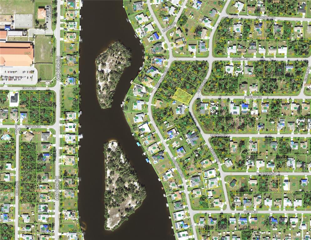 This is a satellite map showing residential lots, streets, and a waterway with islands — 468 KELLSTADT STREET NW, PORT CHARLOTTE, FL