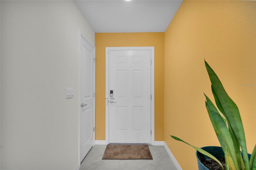 An entryway features a white door, a yellow accent wall, and a potted plant — 11446 SE 72ND AVENUE, BELLEVIEW, FL