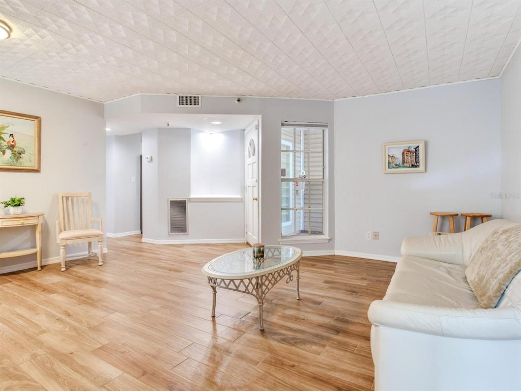 A living room features light wood-look flooring, a white sofa, and a glass-topped coffee table — 508 S GLEN AVENUE UNIT 2, TAMPA, FL