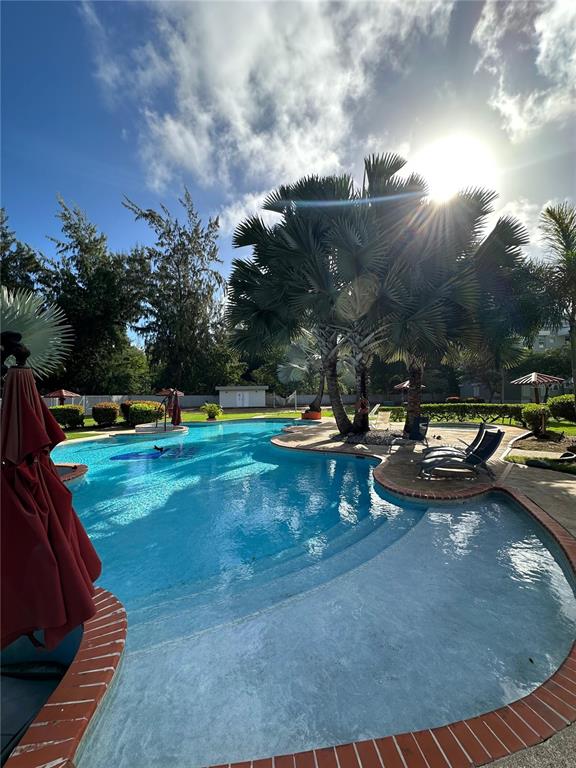 A swimming pool with a palm tree island and lounge chairs on a sunny day — 1502 OCEAN POINT UNIT 1, LOIZA, PR