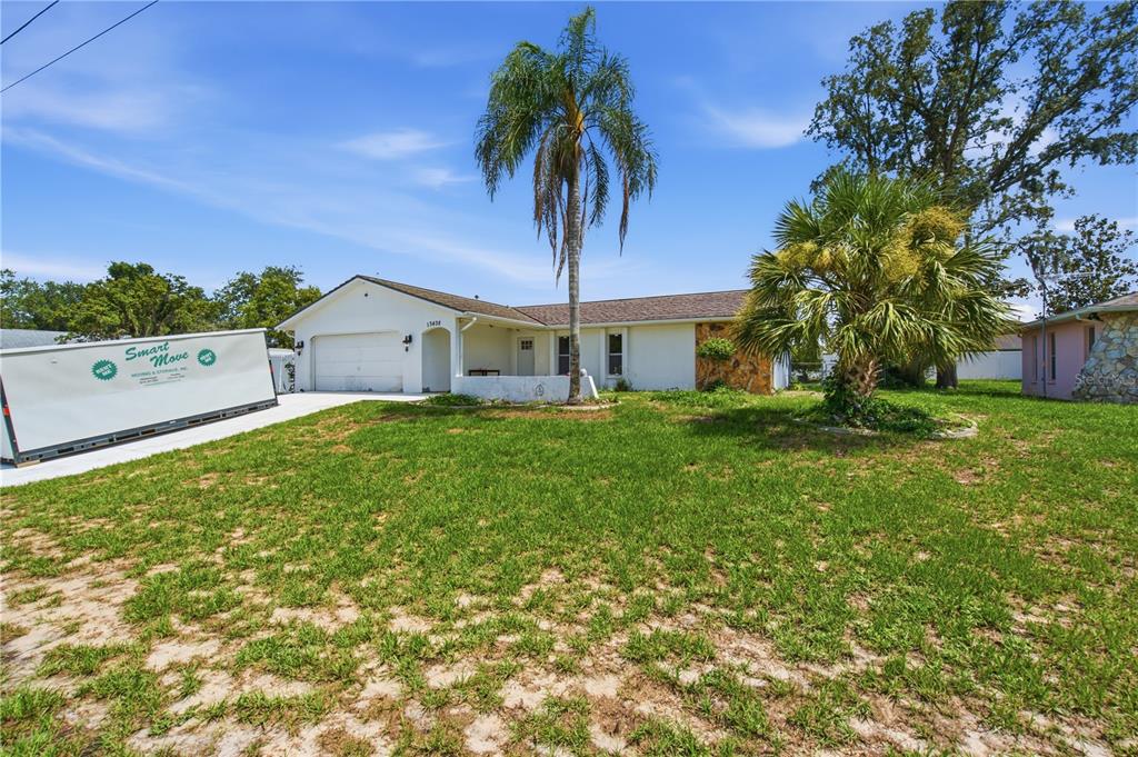 An empty room features light gray walls, wood-look flooring, a ceiling fan, and two windows — 13438 BRIGHTON STREET, SPRING HILL, FL