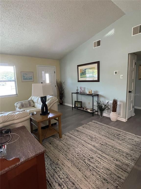 A living room features light-colored walls, vaulted ceilings, gray flooring, and a white sofa — 7223 S SESAME STREET TERRACE, HOMOSASSA, FL