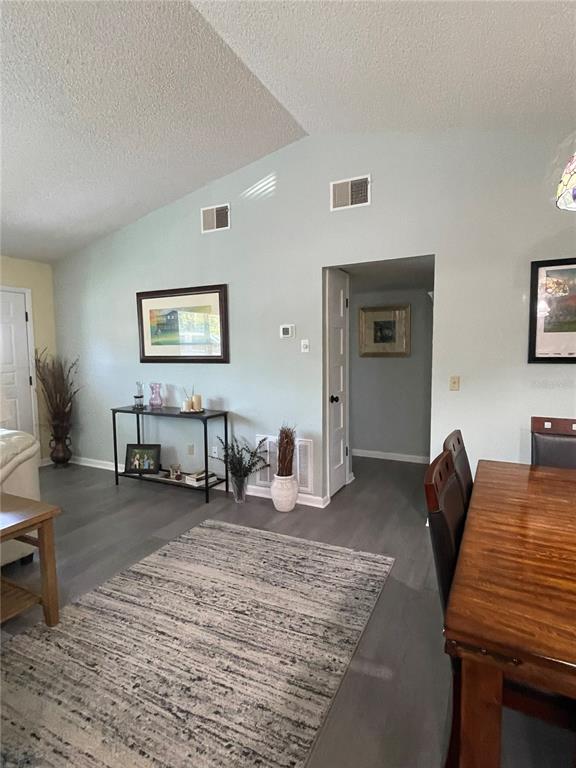 A dining and living area features light blue walls, gray flooring, and a vaulted ceiling — 7223 S SESAME STREET TERRACE, HOMOSASSA, FL