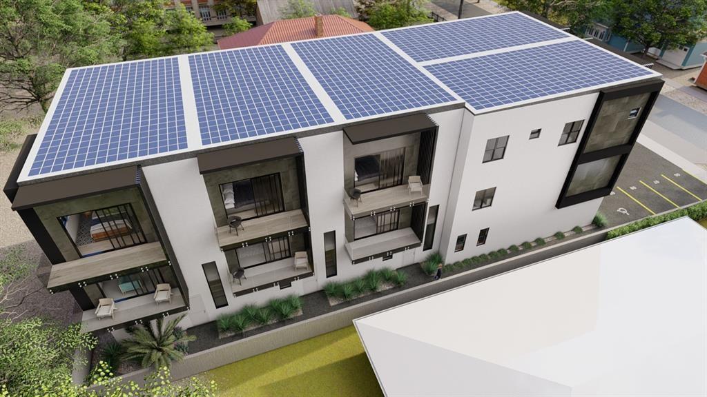 This is a rendering of a modern multi-story apartment building with rooftop solar panels — 733 NW 70th # 2, Miami FL 33150, MIAMI, FL