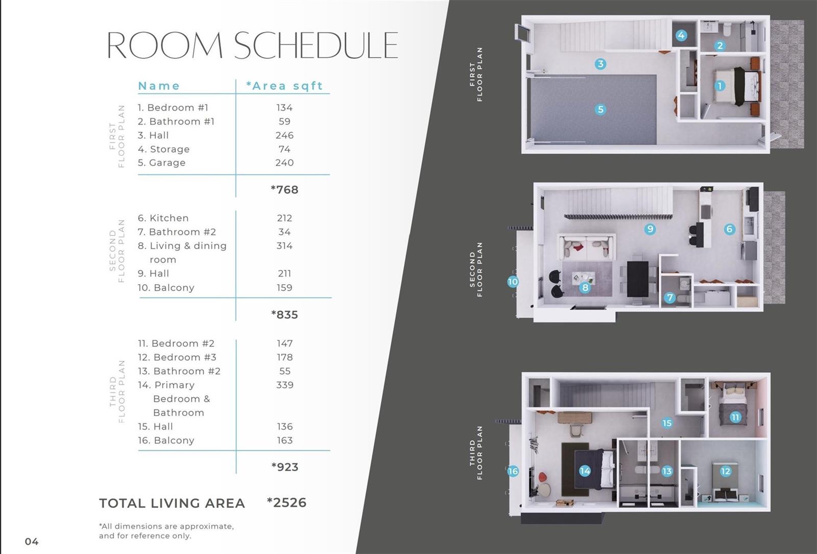 This floor plan rendering displays the layout and square footage for a three-story residential property — 733 NW 70th # 2, Miami FL 33150, MIAMI, FL