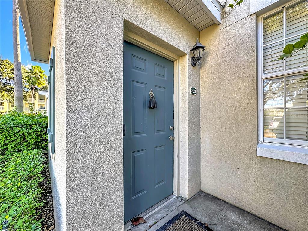 A blue front door with a knocker and the number 205 sits beside a window — 760 SIENA PALM DRIVE UNIT 205, KISSIMMEE, FL