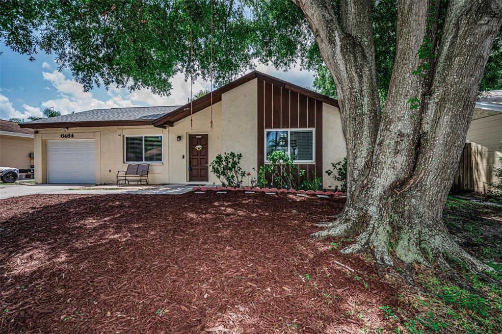 A single-story house with a garage, a brown front door, and a large tree — 6464 107TH TERRACE N, PINELLAS PARK, FL