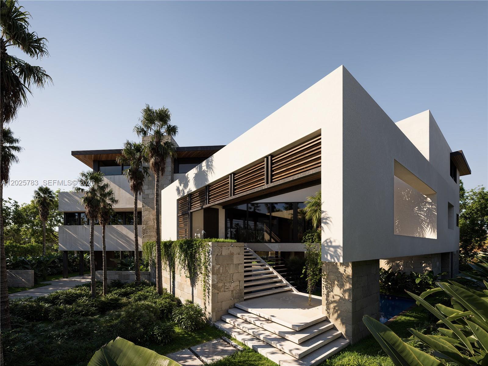 This rendering shows a modern multi-story house with stone walls, wooden louvers, and exterior stairs — 6941 Sunrise Ct, Coral Gables FL 33133, CORAL GABLES, FL