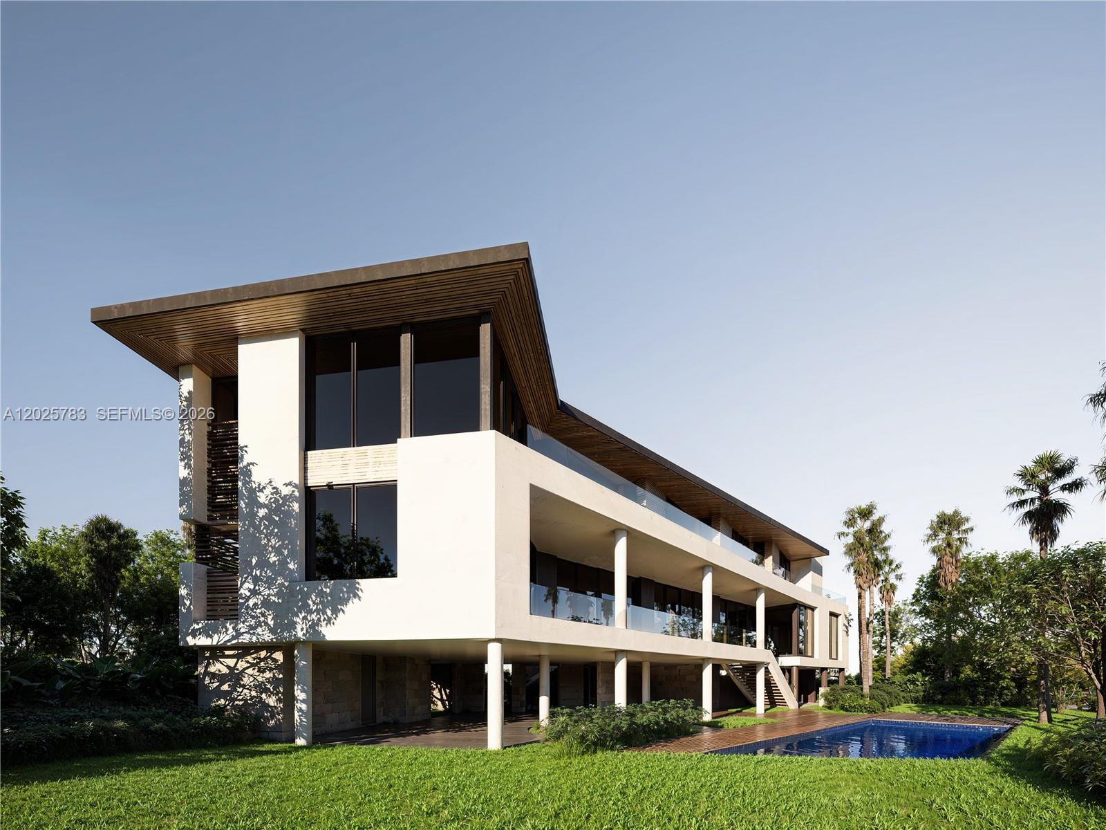 This is a rendering of a modern two-story house with a pool and elevated terrace — 6941 Sunrise Ct, Coral Gables FL 33133, CORAL GABLES, FL