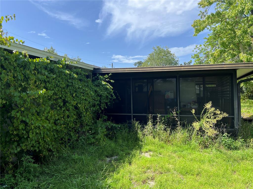 An overgrown yard leads to a screened-in porch attached to the side of a house — 5145 SAGINAW AVENUE, JACKSONVILLE, FL