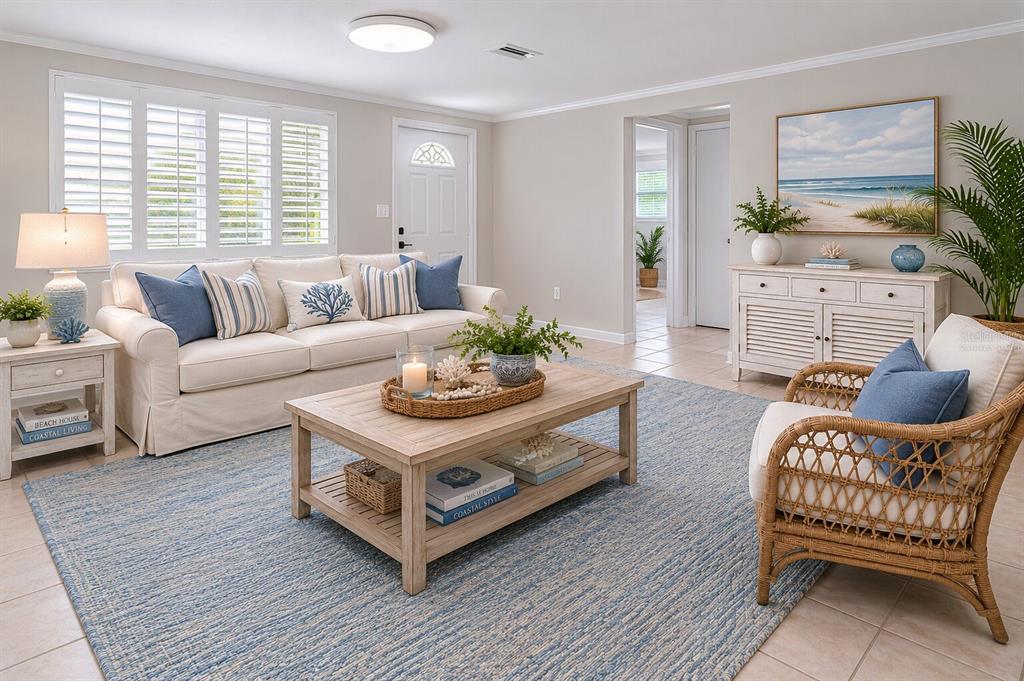 A coastal-style living room features a beige sofa, a wooden coffee table, and a rattan chair — 2480 MANASOTA BEACH ROAD, ENGLEWOOD, FL