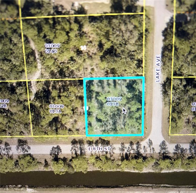 This is an aerial map view of a vacant, wooded corner lot — 807 E 8TH STREET, LEHIGH ACRES, FL