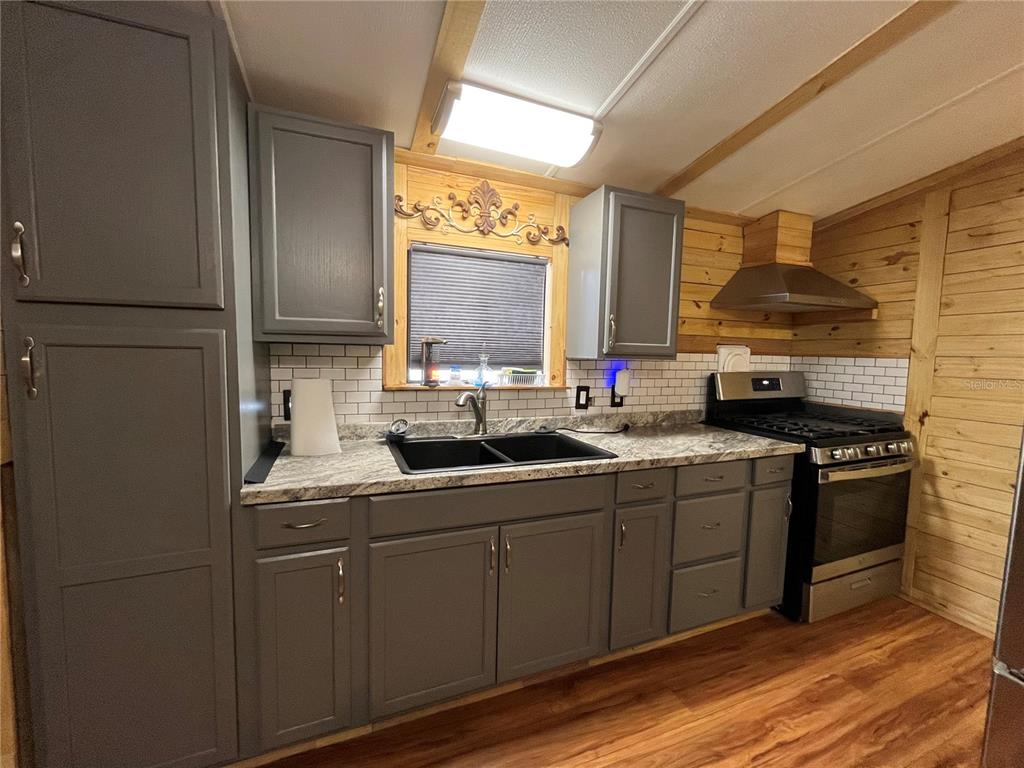 A kitchen features gray cabinets, a black sink, a gas stove, and wood-paneled walls — 124 W PARKER AVENUE, BUSHNELL, FL