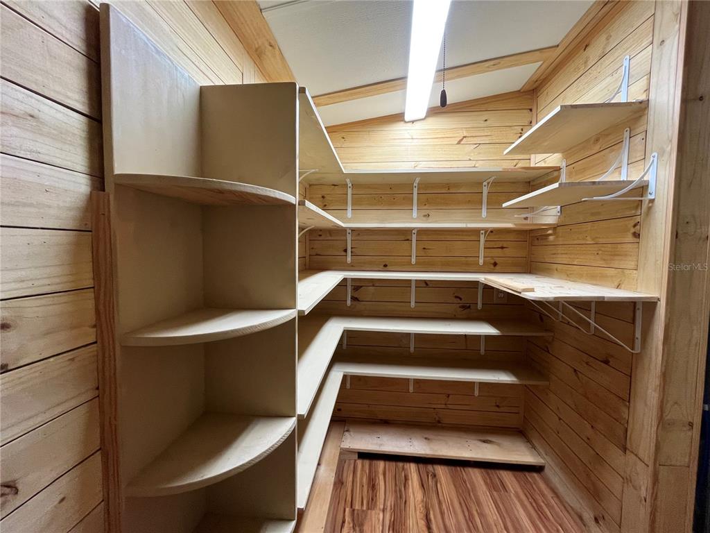 A walk-in pantry features wood-paneled walls, wood flooring, and multiple levels of open shelving — 124 W PARKER AVENUE, BUSHNELL, FL