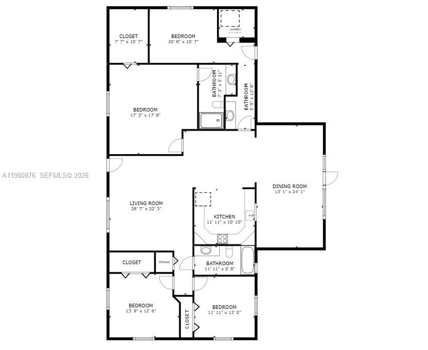This is a floor plan showing a multi-bedroom residential layout with a central living area — 685 W 77th St, Hialeah FL 33014, HIALEAH, FL