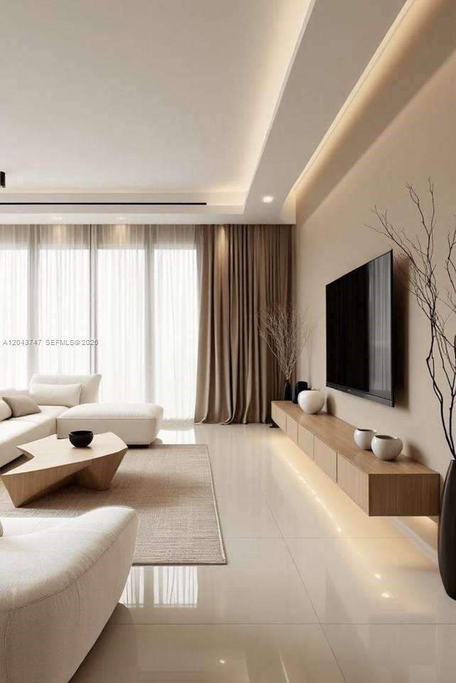 This is a rendering of a modern living room featuring a floating wooden media console — 0 villa camila, FL