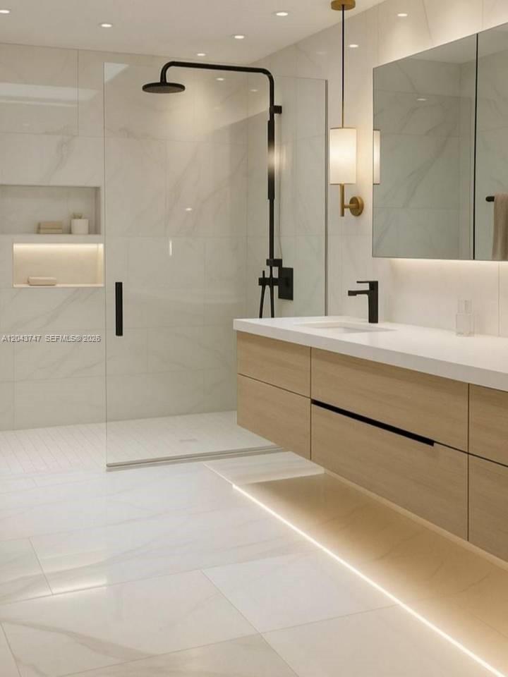 This is a rendering of a modern bathroom with a floating vanity and glass-enclosed shower — 0 villa camila, FL