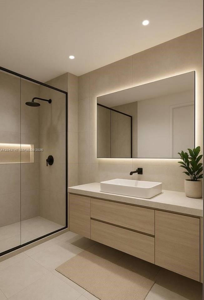 This is a rendering of a modern bathroom with a floating vanity and walk-in shower — 0 villa camila, FL