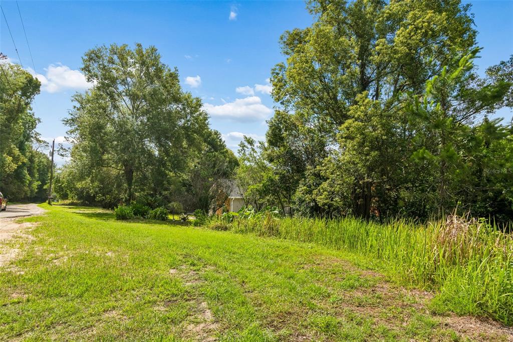 A grassy, sloped lot with mature trees and a glimpse of a house in the background — 00 HAMRICH, DADE CITY, FL