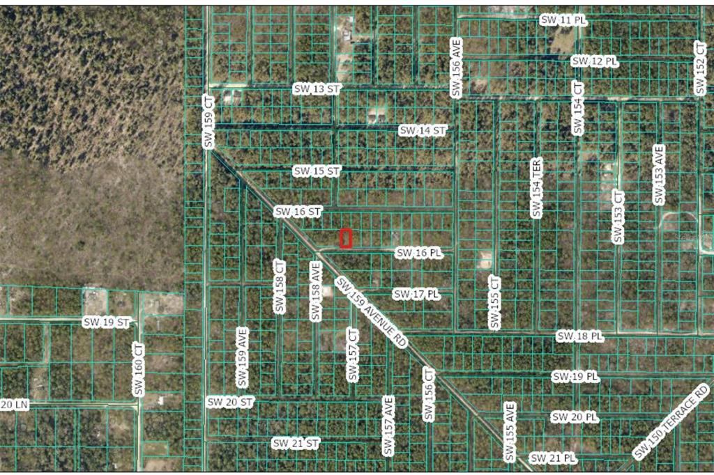 This is an aerial map showing a highlighted rectangular property lot among a grid of streets — TBD SW 16 PLACE, OCALA, FL