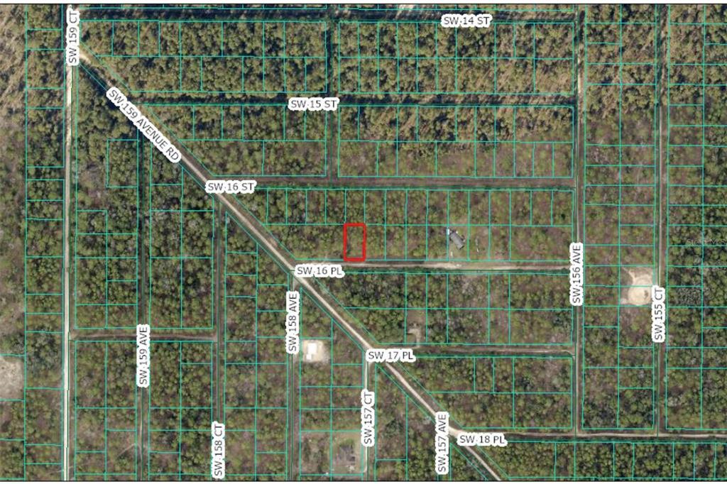 This is an aerial map showing a rectangular lot highlighted in red within a wooded area — TBD SW 16 PLACE, OCALA, FL