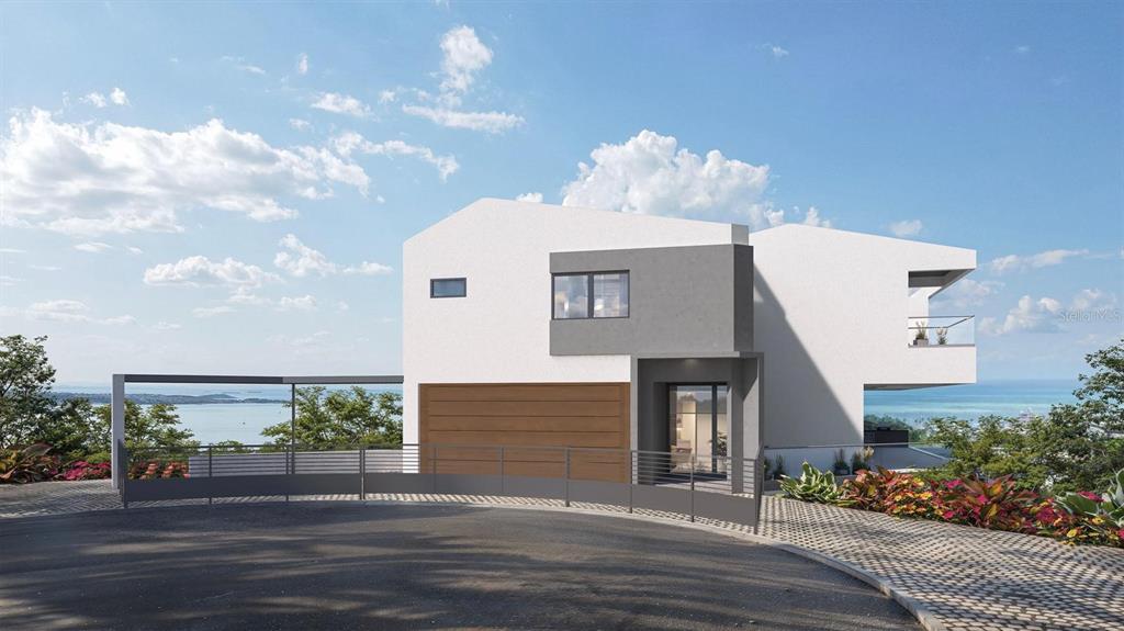 This is a digital rendering of a modern two-story house with a garage and balcony — 22 ROBLE VALLEY PALMAS DEL MAR, HUMACAO, PR