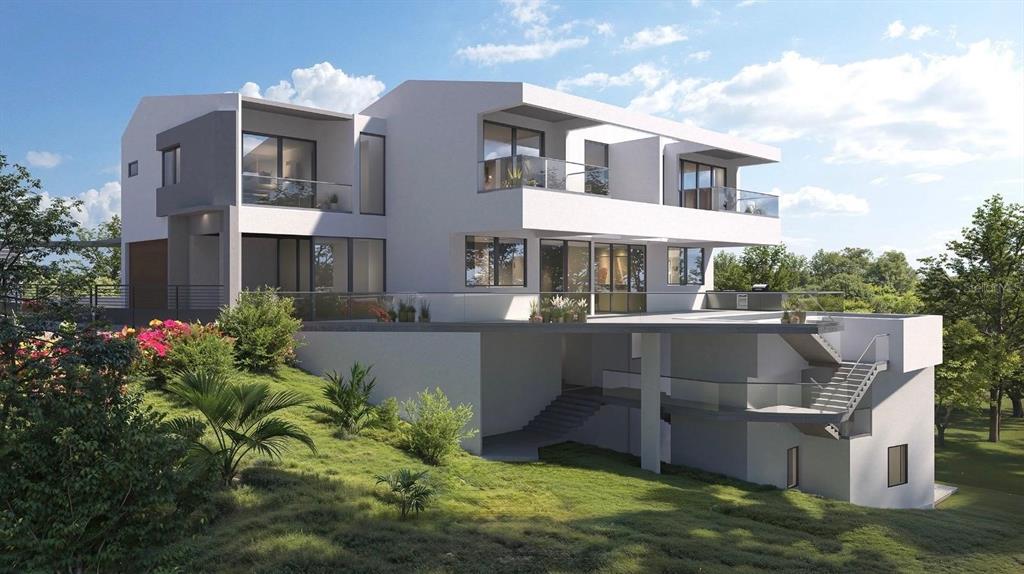 This is a digital rendering of a modern multi-level house with balconies and outdoor stairs — 22 ROBLE VALLEY PALMAS DEL MAR, HUMACAO, PR