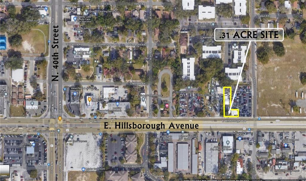 An aerial map shows a highlighted .31-acre commercial site located near E. Hillsborough Avenue — 4172-4174 E HILLSBOROUGH AVENUE, TAMPA, FL