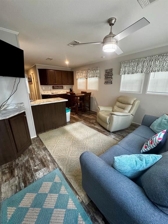 A living room and kitchen area featuring a blue sofa, recliner, and wood-look flooring — 14365 NE 252ND COURT ROAD UNIT 123, SALT SPRINGS, FL