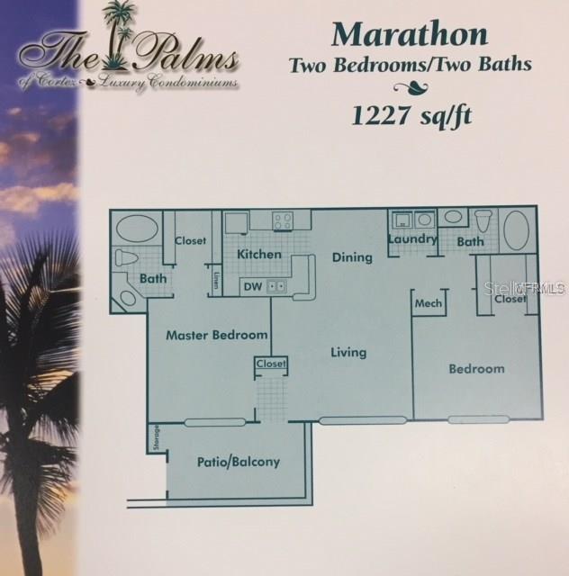 This floor plan shows a two-bedroom, two-bathroom condominium unit with a patio and balcony — 4802 51ST STREET W UNIT 1417, BRADENTON, FL
