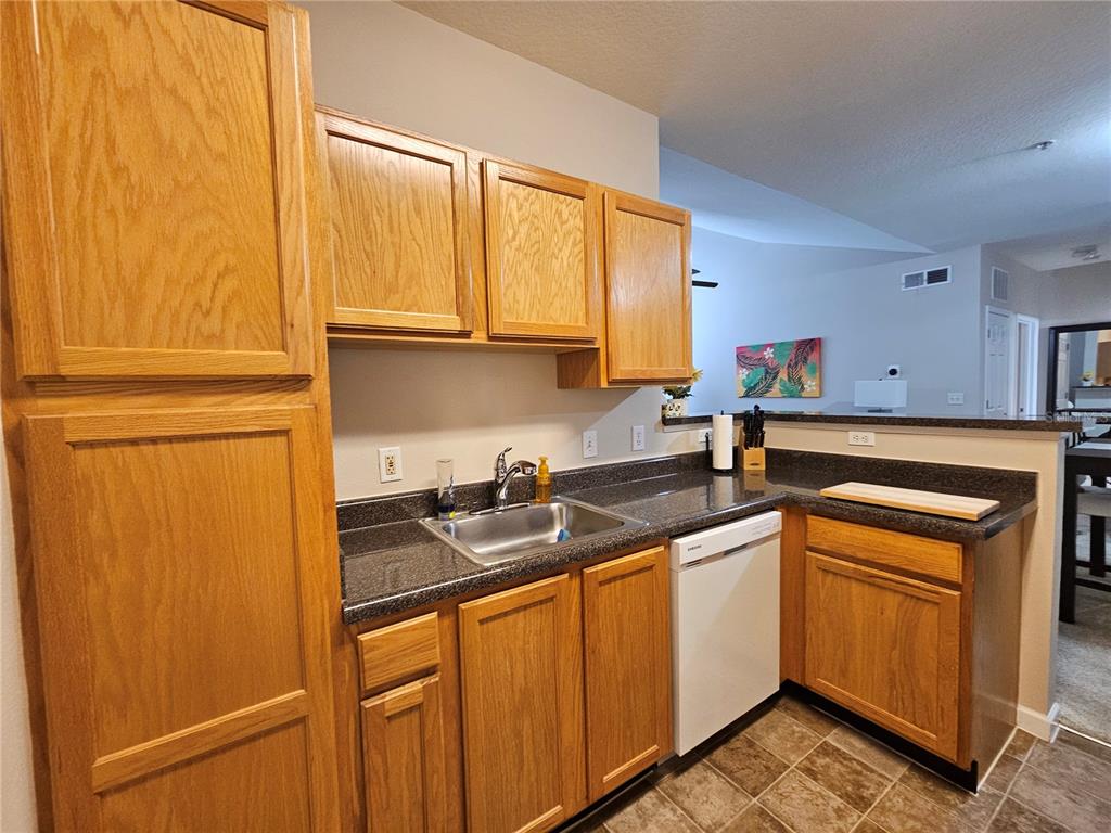 A kitchen features oak cabinets, dark countertops, a stainless steel sink, and a white dishwasher — 4802 51ST STREET W UNIT 1417, BRADENTON, FL