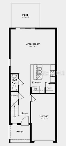 This floor plan shows the first level of a home with a garage, kitchen, and patio — 10830 ECLIPSE STREET, SARASOTA, FL