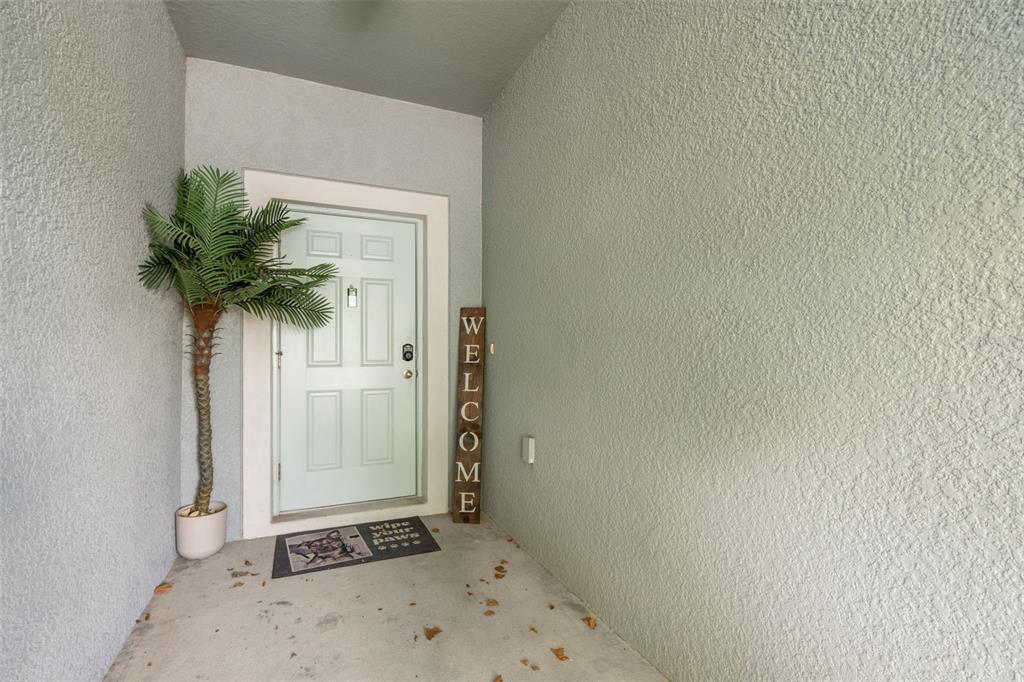 A covered entryway features a light blue front door, a potted palm, and welcome decor — 7627 FRENCH MARIGOLD AVENUE, TAMPA, FL