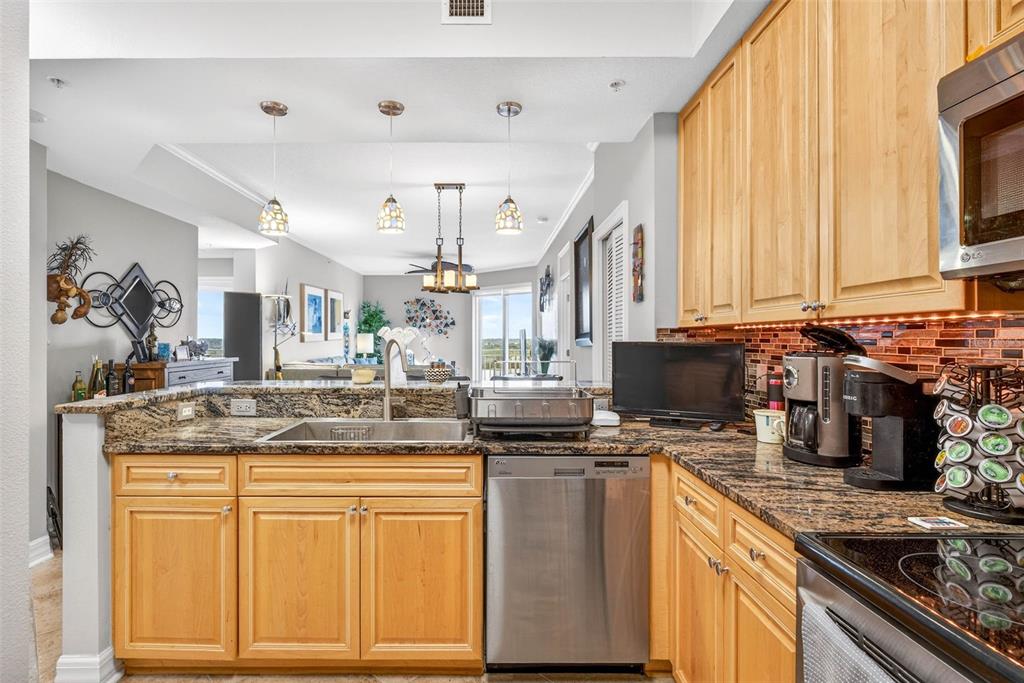 A kitchen with light wood cabinets, granite countertops, and a stainless steel dishwasher — 4516 SEAGULL DRIVE UNIT 902, NEW PORT RICHEY, FL