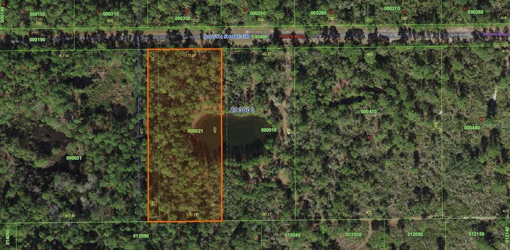 This is a satellite map showing a rectangular plot of land containing a small pond — LOT 2 SOUTH SHORE DRIVE, LAKE WALES, FL