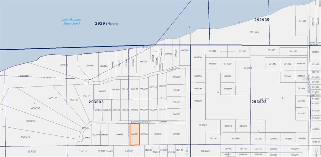 This is a property tax map showing parcel boundaries and lot numbers near Lake Rosalie — LOT 2 SOUTH SHORE DRIVE, LAKE WALES, FL