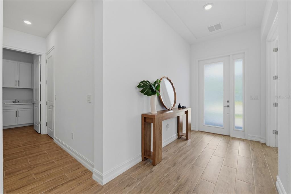 A bright entryway features wood-look tile flooring, a wooden console table, and a glass-paneled door — 6015 MARSH TRAIL DRIVE, ODESSA, FL