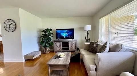 A living room features a light-colored sofa, a wooden coffee table, and a television console — 4052 14TH WAY NE, ST PETERSBURG, FL