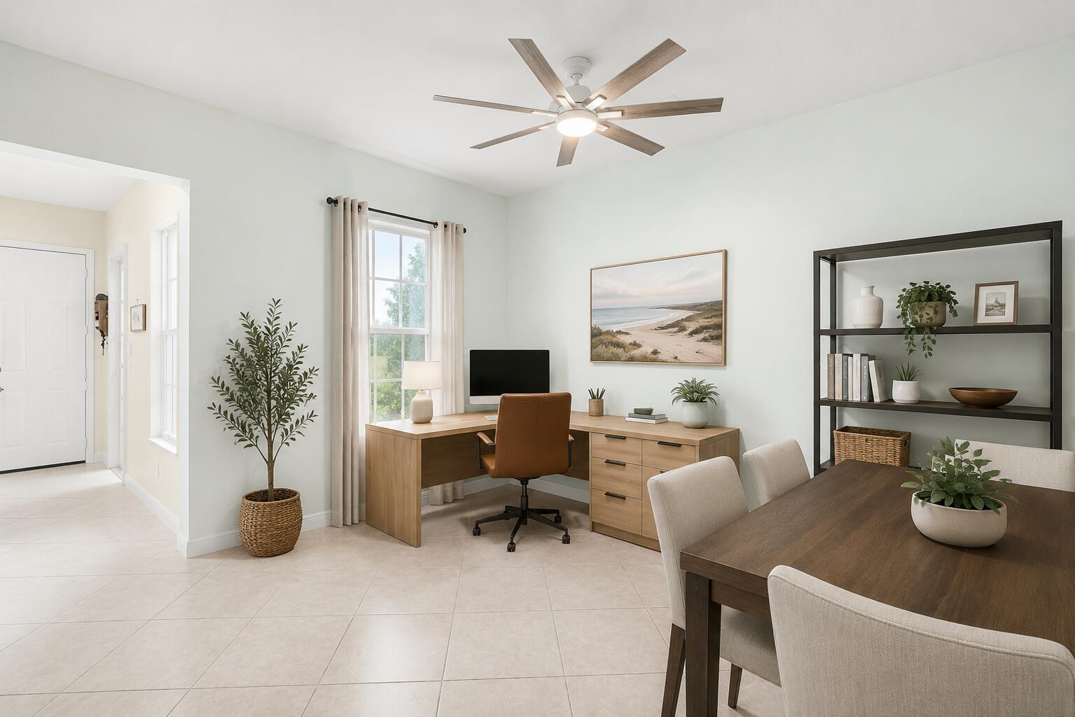 A home office with a desk, chair, bookshelf, and dining table on a tiled floor — 704 NW 83rd Place, Boca Raton FL 33487, BOCA RATON, FL