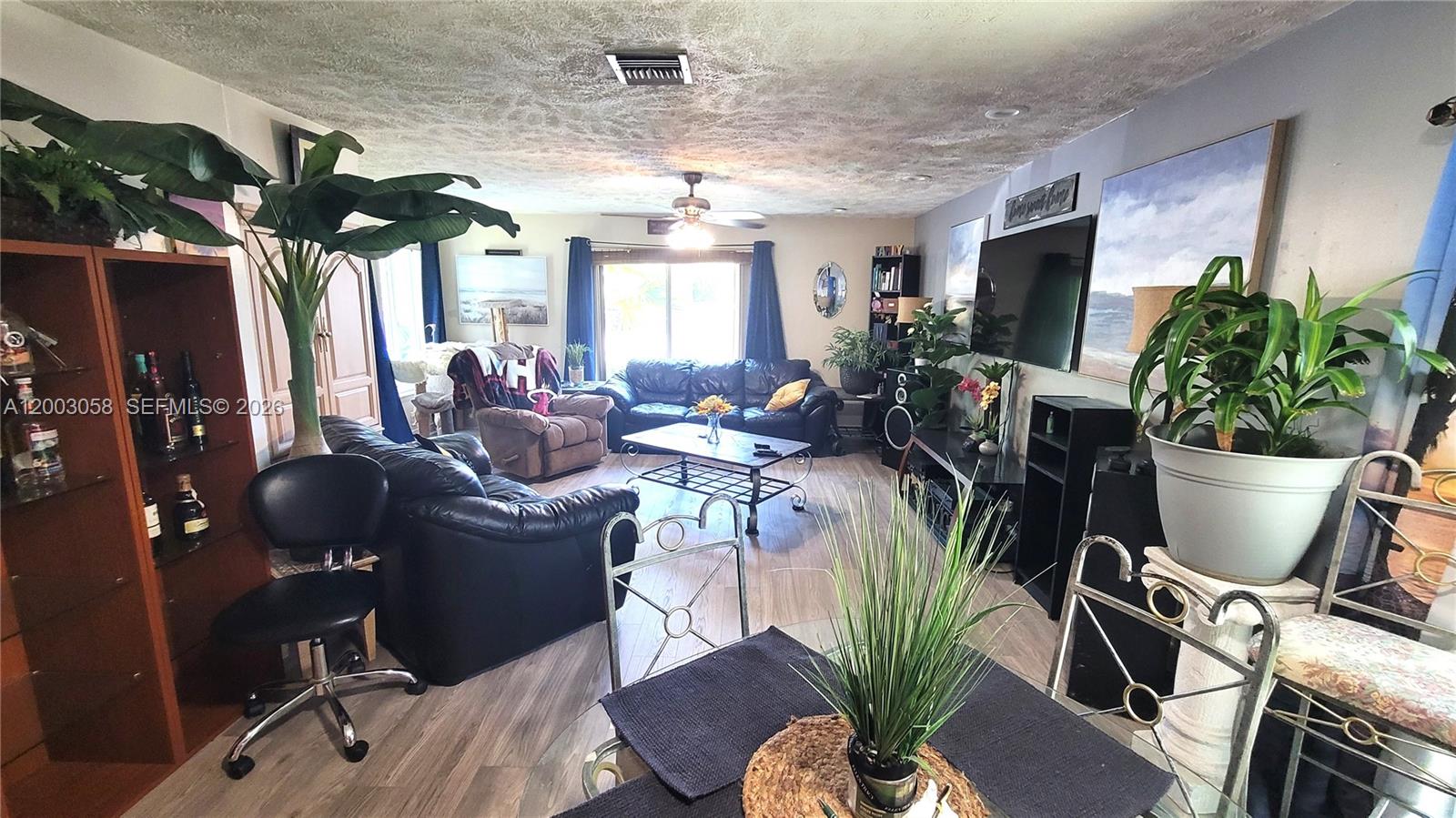 A living room features dark leather furniture, a television, and several potted plants — 22113 SW 97th Ct, Cutler Bay FL 33190, CUTLER BAY, FL