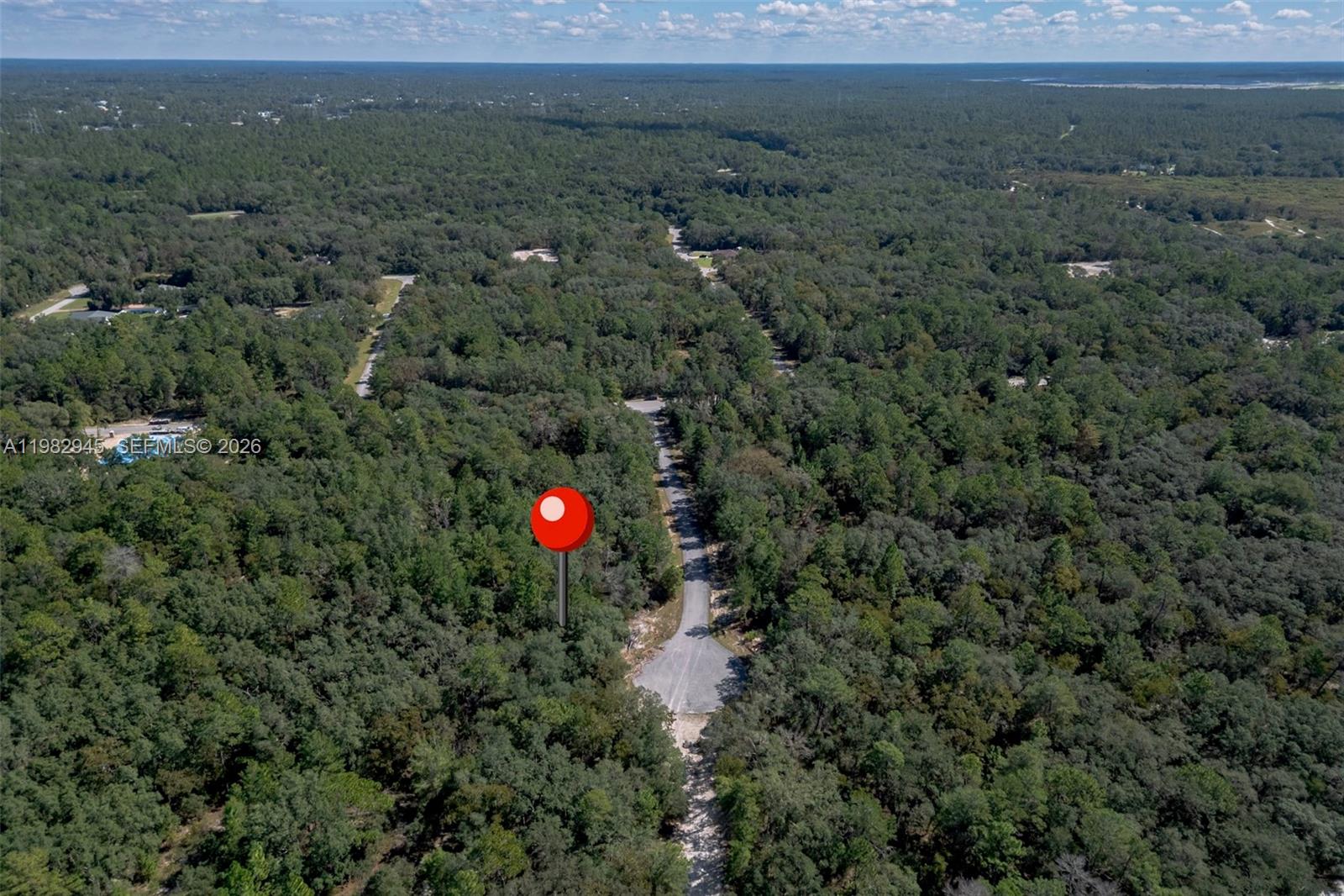 An aerial view shows a red map pin marking a wooded lot along a road — 174 Street, Ocala FL 34473, OCALA, FL