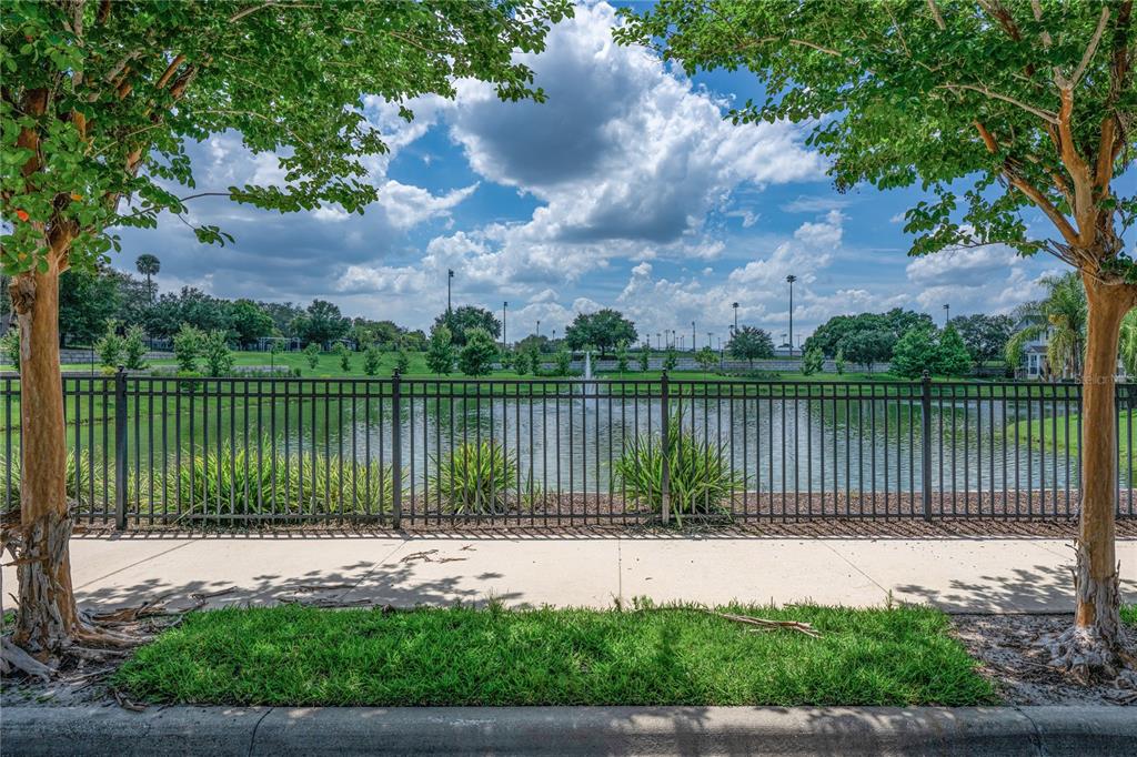 A black metal fence overlooks a pond with a fountain, framed by two large trees — 453 GEE HAMMOCK LANE, WINTER SPRINGS, FL