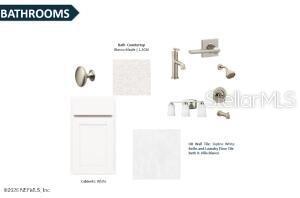 This is a design board rendering showing bathroom finishes, including cabinetry, countertop, hardware, and tile samples — 331 FISHTAIL PLACE, PALM COAST, FL