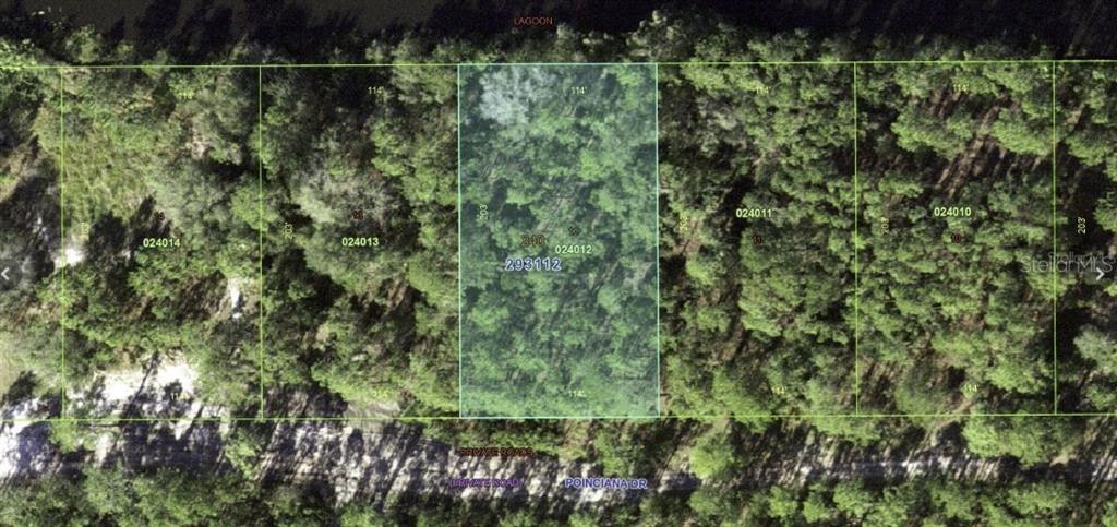 An aerial map shows a rectangular wooded lot highlighted in blue along a private road — 1122 POINCIANA DRIVE, INDIAN LAKE ESTATES, FL