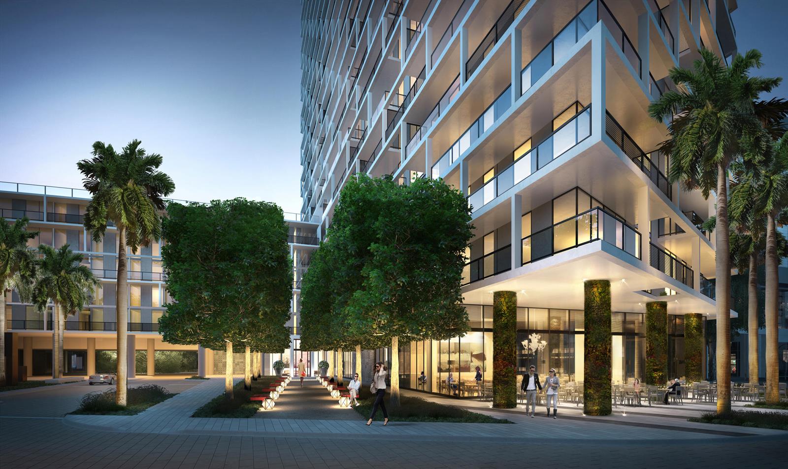 This architectural rendering shows a modern high-rise building with palm trees and a landscaped walkway — 2000 Metropica Way # 2107, Sunrise FL 33323, SUNRISE, FL
