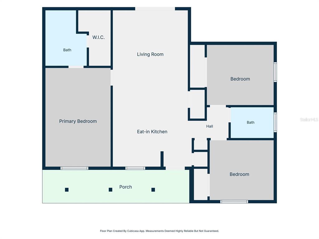 This is a floor plan showing a house with three bedrooms, two bathrooms, and a porch — 8344 DRYCREEK DRIVE, TAMPA, FL