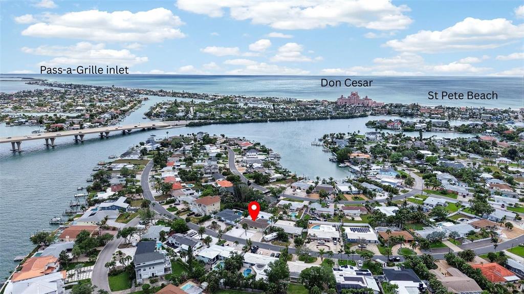 An aerial view shows a residential neighborhood near the coast with a red location marker — 517 39TH AVENUE, ST PETE BEACH, FL