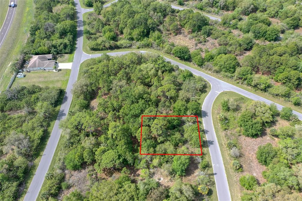 An aerial view shows a rectangular, wooded vacant lot outlined in red near a road — 15047 DORN TERRACE, PORT CHARLOTTE, FL