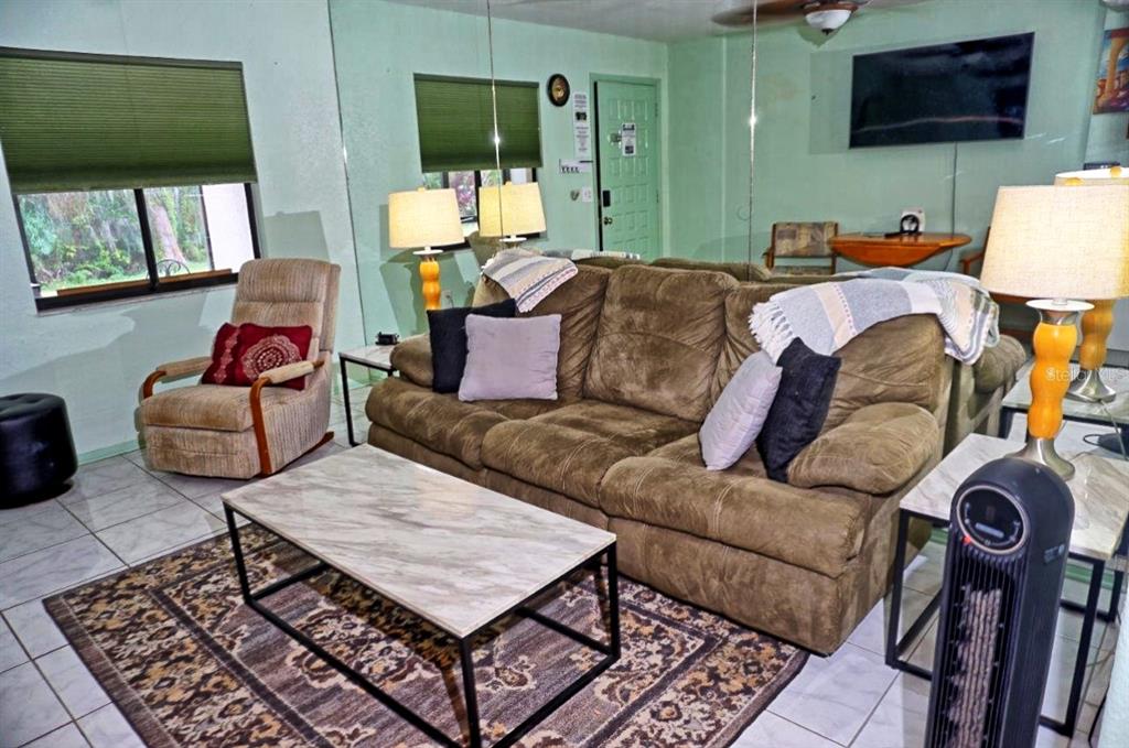 A living room features a brown sofa, a marble-topped coffee table, and a recliner — 20921 HAULOVER COVE UNIT F5, LUTZ, FL